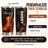 Instruction graphic for ordering a personalized violin music tumbler with custom name and order note fields.