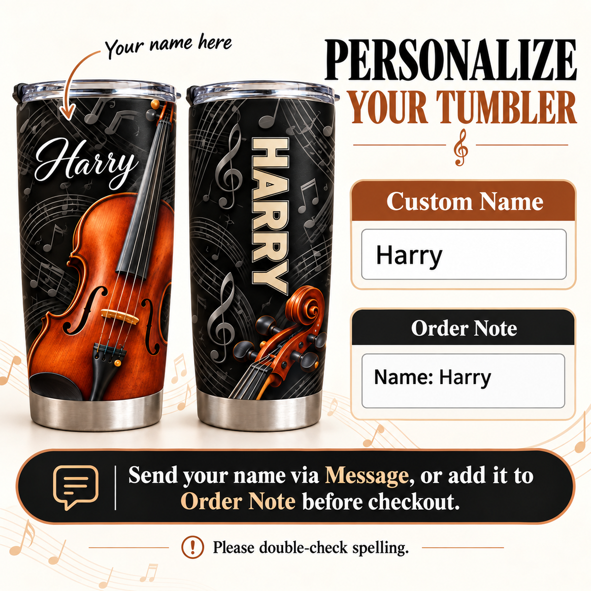 Instruction graphic for ordering a personalized violin music tumbler with custom name and order note fields.