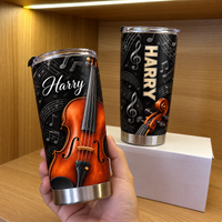 Violin Music Tumbler Personalized with name Harry on stainless steel insulated travel mug with sheet music design.