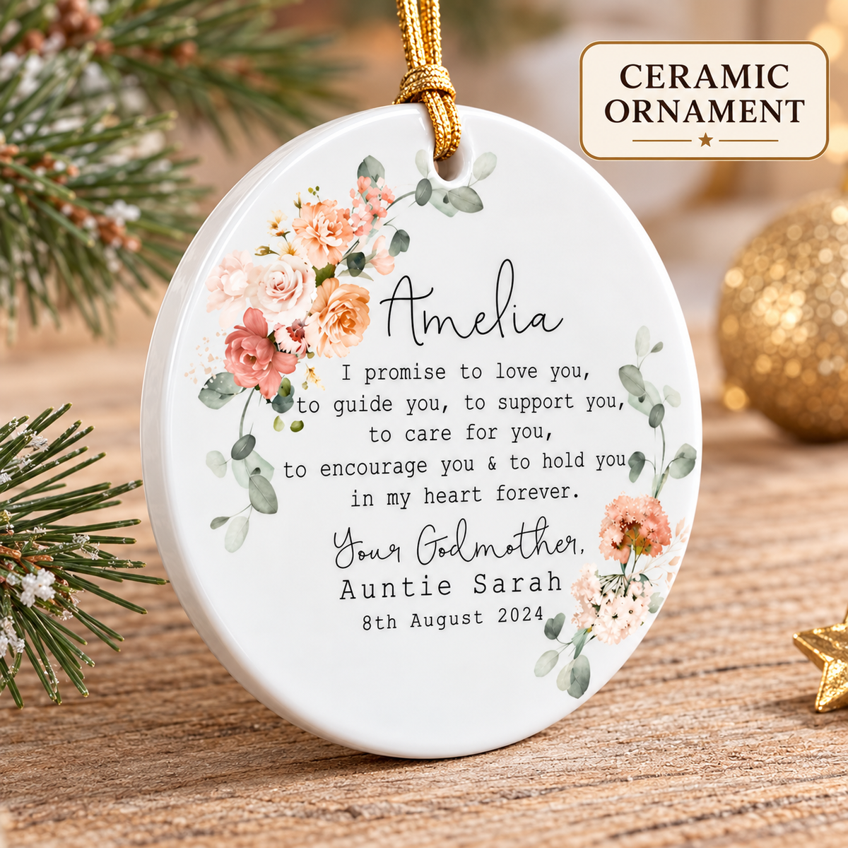 Round ceramic ornament with peach floral wreath resting on a wooden surface near pine needles.
