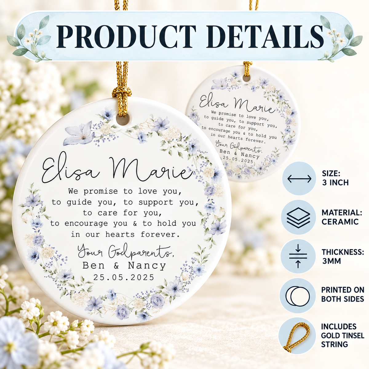 Product details infographic showing 3-inch ceramic ornament features, thickness, and packaging.