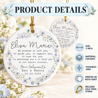 Product details infographic showing 3-inch ceramic ornament features, thickness, and packaging.