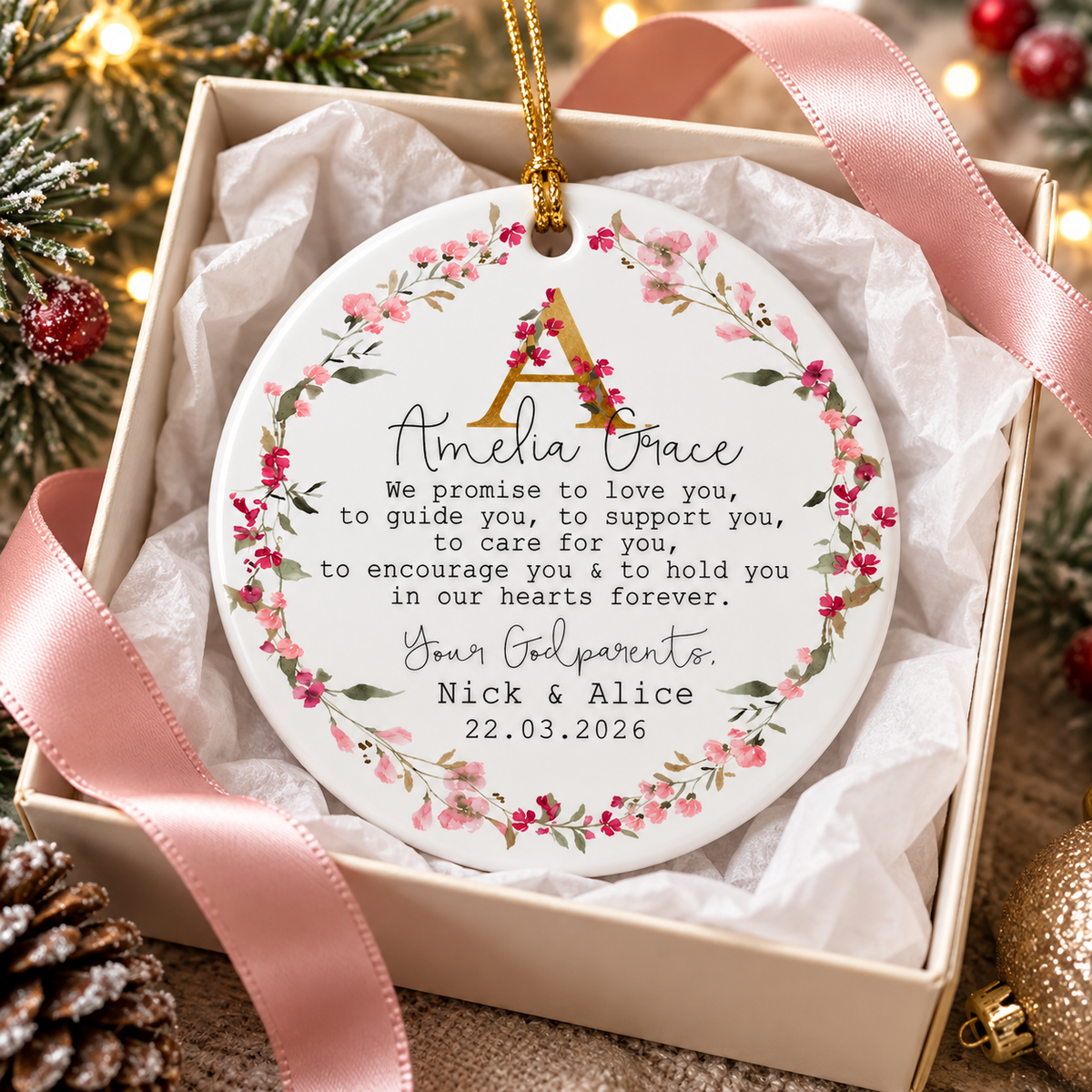 Personalized ceramic ornament inside an open gift box with pink ribbon and pinecone accents.