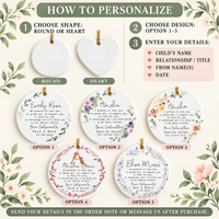 Infographic guide showing how to personalize round and heart ceramic ornaments with 5 design options.