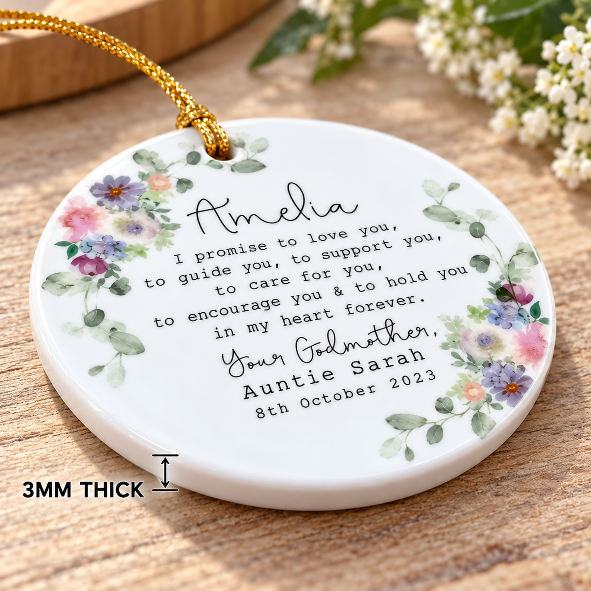 Close-up of a 3mm thick flat ceramic ornament with pastel floral wreath and text on wood.