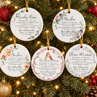 Five personalized ceramic ornaments with watercolor floral designs hanging on a decorated Christmas tree.