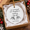 Customer in Austin, Texas wearing We Survived Our Daughter's Wedding Ornament Personalized White Ceramic Christmas Keepsake Gift for P