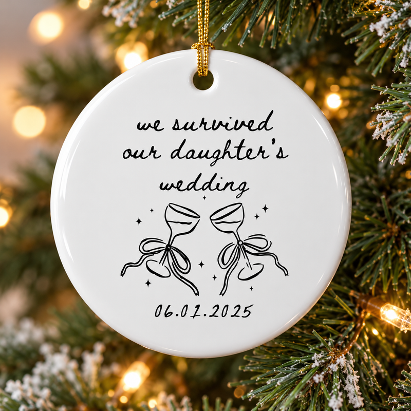 We Survived Our Daughter's Wedding Ornament Personalized White Ceramic Christmas Keepsake Gift for P available at our Austin, Texas warehouse
