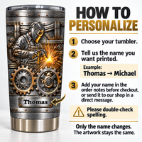 Infographic showing how to personalize the welder gift tumbler with a custom name.