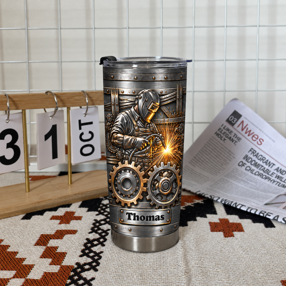 Stainless steel tumbler with a steampunk welder graphic, gears, and the custom name Thomas on a nameplate.