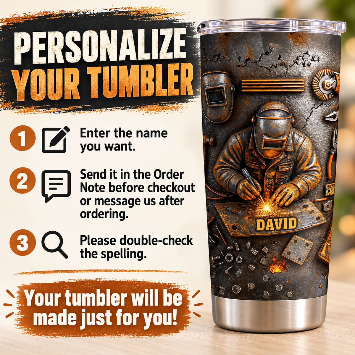 Personalization guide showing instructions next to a custom name welder personalized tumbler.