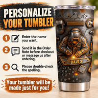 Personalization guide showing instructions next to a custom name welder personalized tumbler.