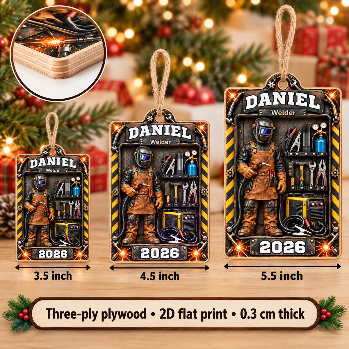 Personalized Welder Wood Ornament Custom Name Year Christmas Gift - size and material details