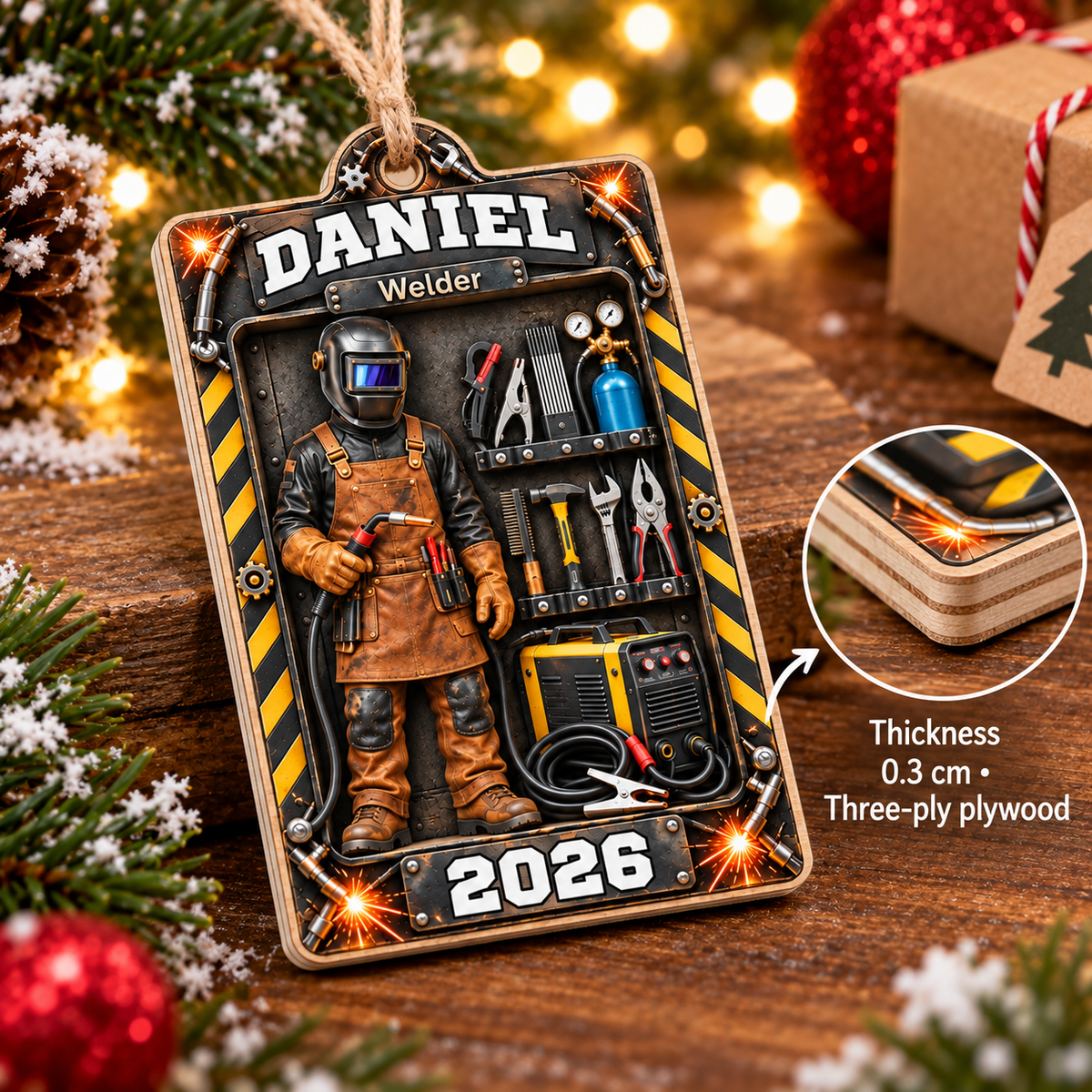 Personalized Welder Wood Ornament Custom Name Year Christmas Gift - size and material details