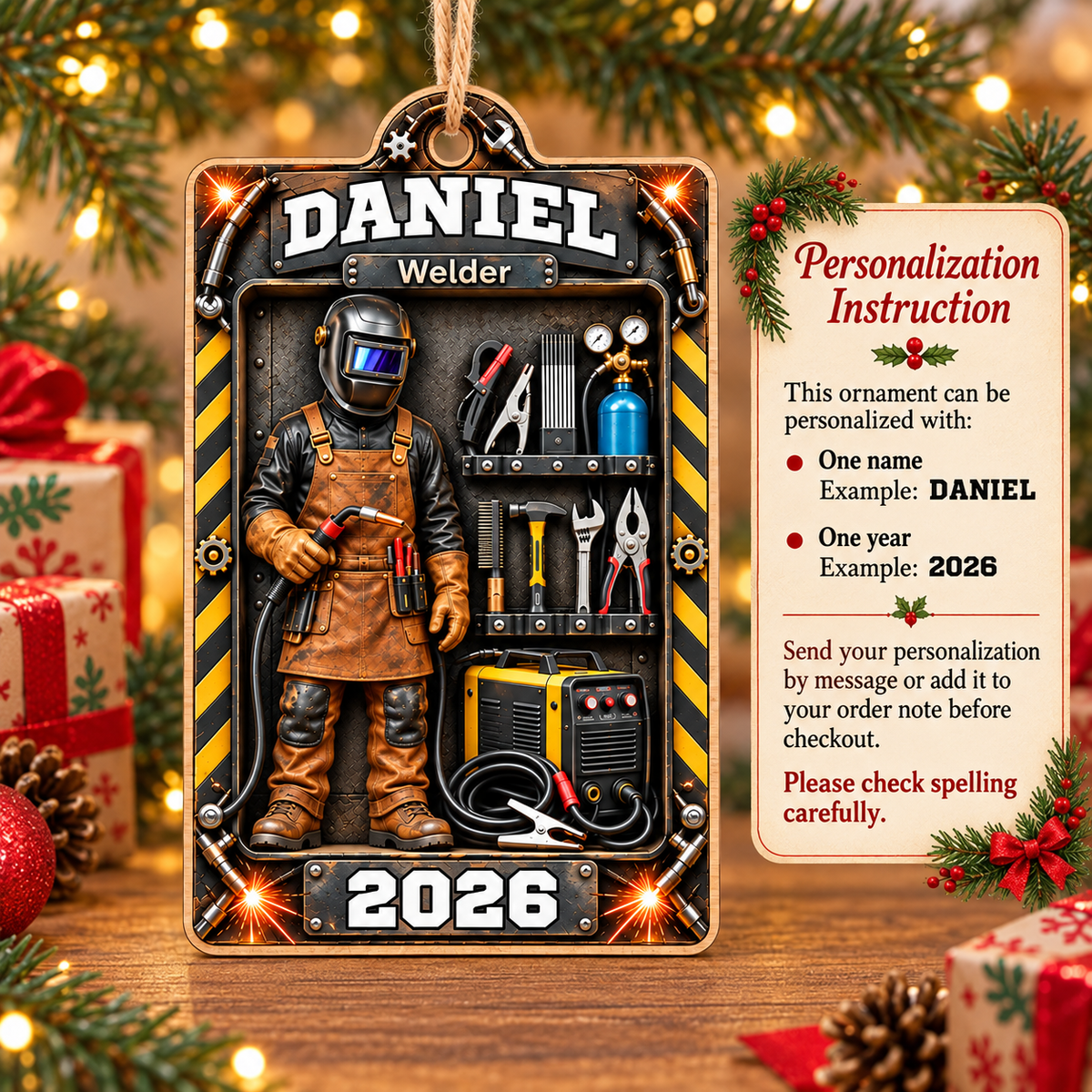 Personalized Welder Wood Ornament Custom Name Year Christmas Gift - personalization guide