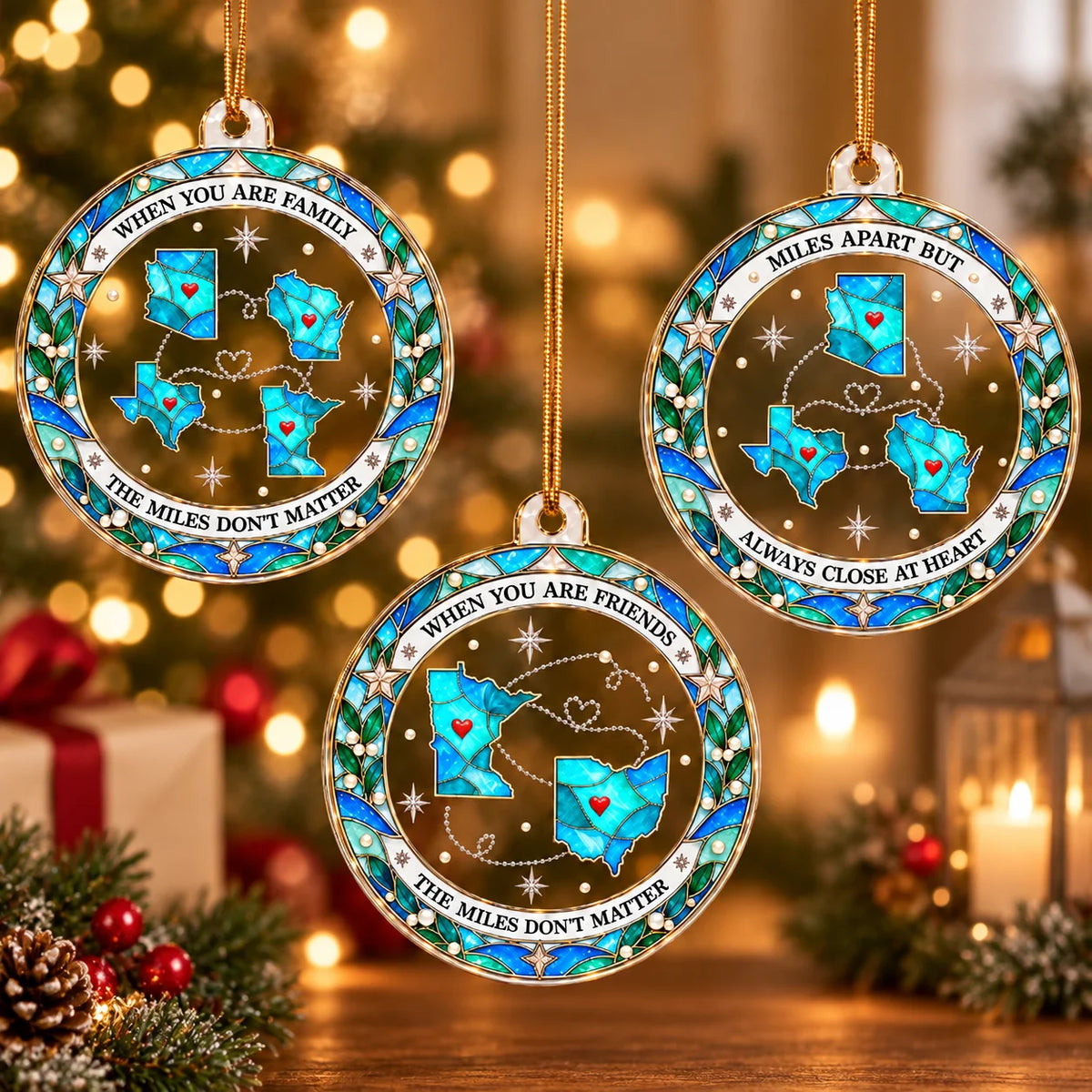 Three round acrylic state map ornaments hanging against a holiday lights backdrop, showing different designs.