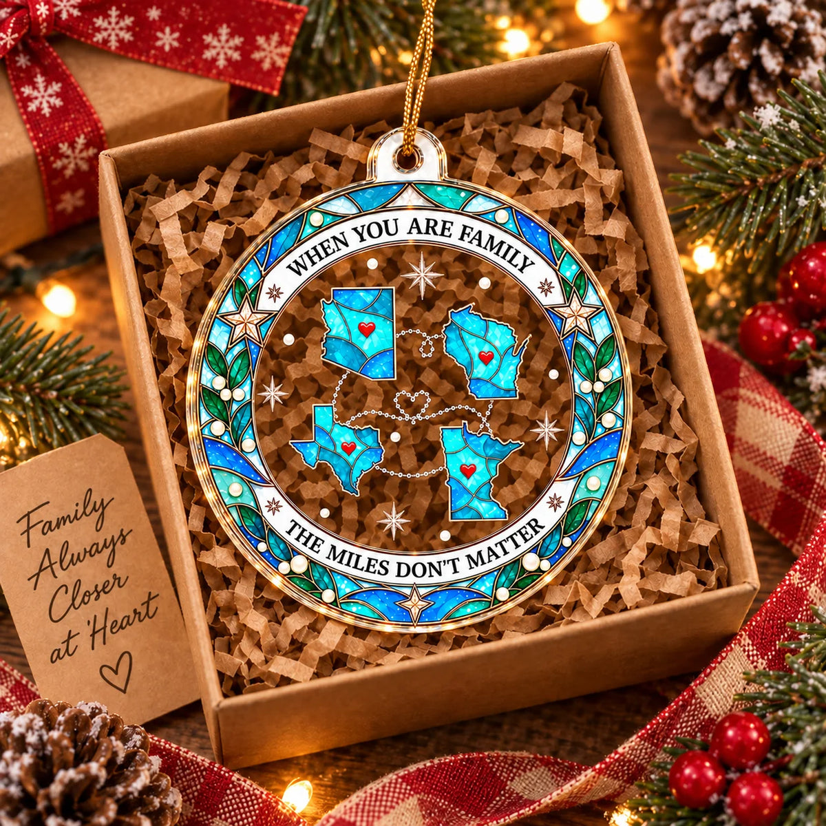 A clear acrylic long distance Christmas ornament displayed inside an open gift box filled with crinkle paper.