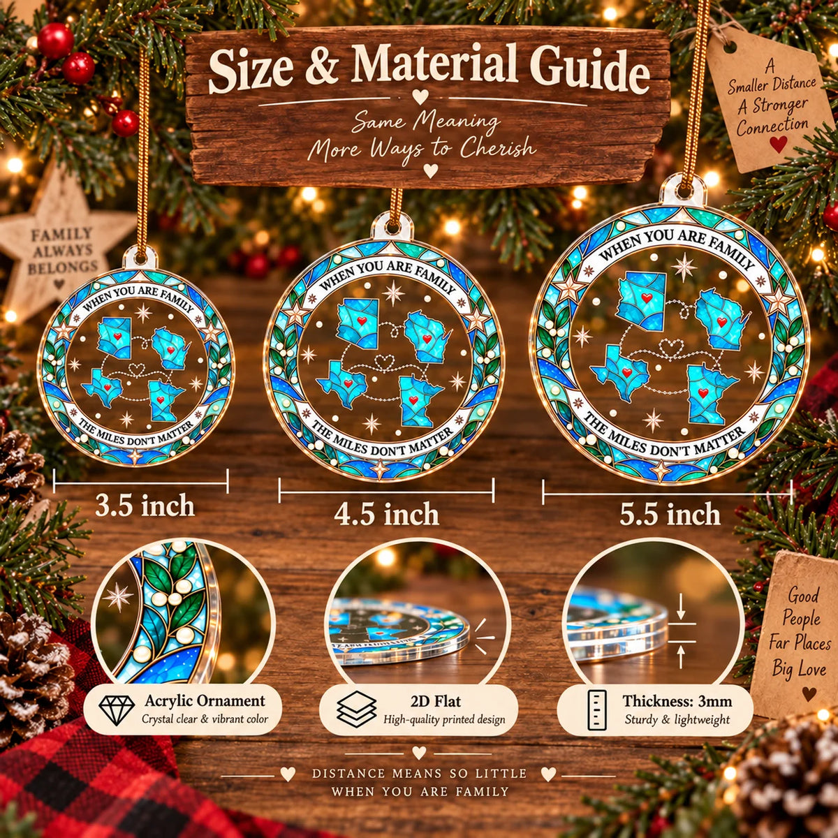 A size and material guide graphic showing three acrylic ornaments with dimensions and product details.