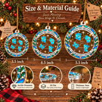 A size and material guide graphic showing three acrylic ornaments with dimensions and product details.