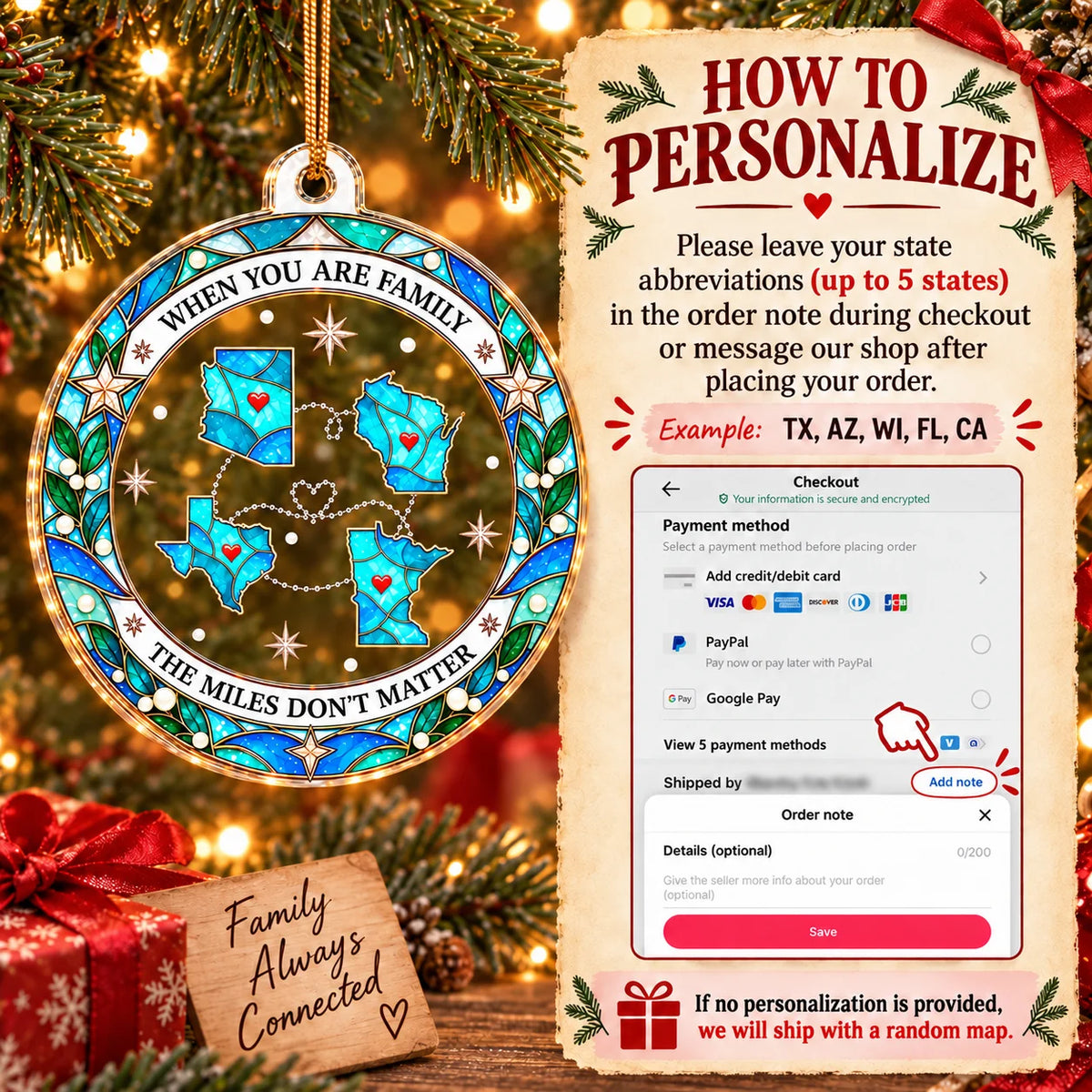 An instructional graphic demonstrating how to personalize the long distance family gift during checkout.