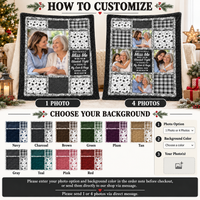 Customization guide showing 1 photo or 4 photos options and multiple background color swatches for the quilt.