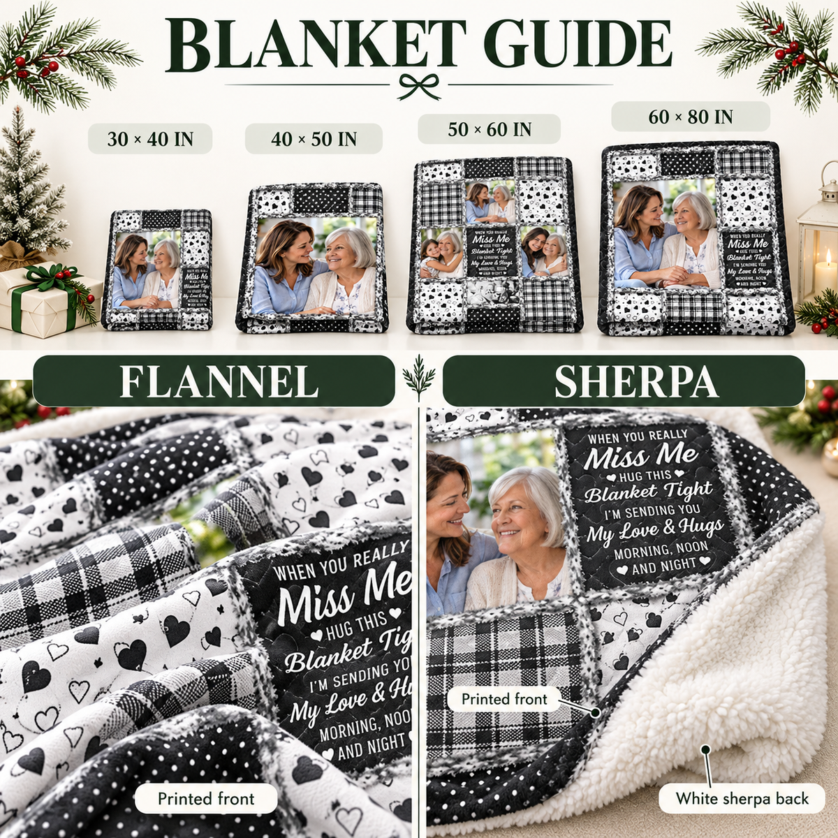 Blanket sizing guide from 30x40 to 60x80 inches comparing flannel and sherpa fleece quilt options.