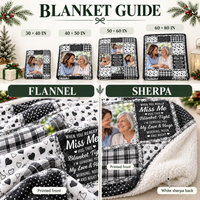 Blanket sizing guide from 30x40 to 60x80 inches comparing flannel and sherpa fleece quilt options.
