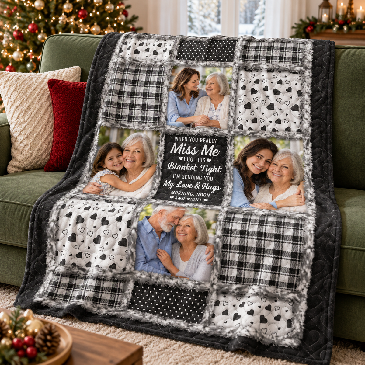 Cozy living room setting featuring a sending you my love and hugs quilt draped neatly over a green sofa.