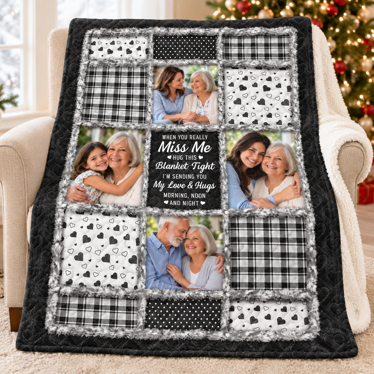 Monochrome black and white patchwork comfort quilt with heart patterns, buffalo plaid, and photo panels draped over a chair.