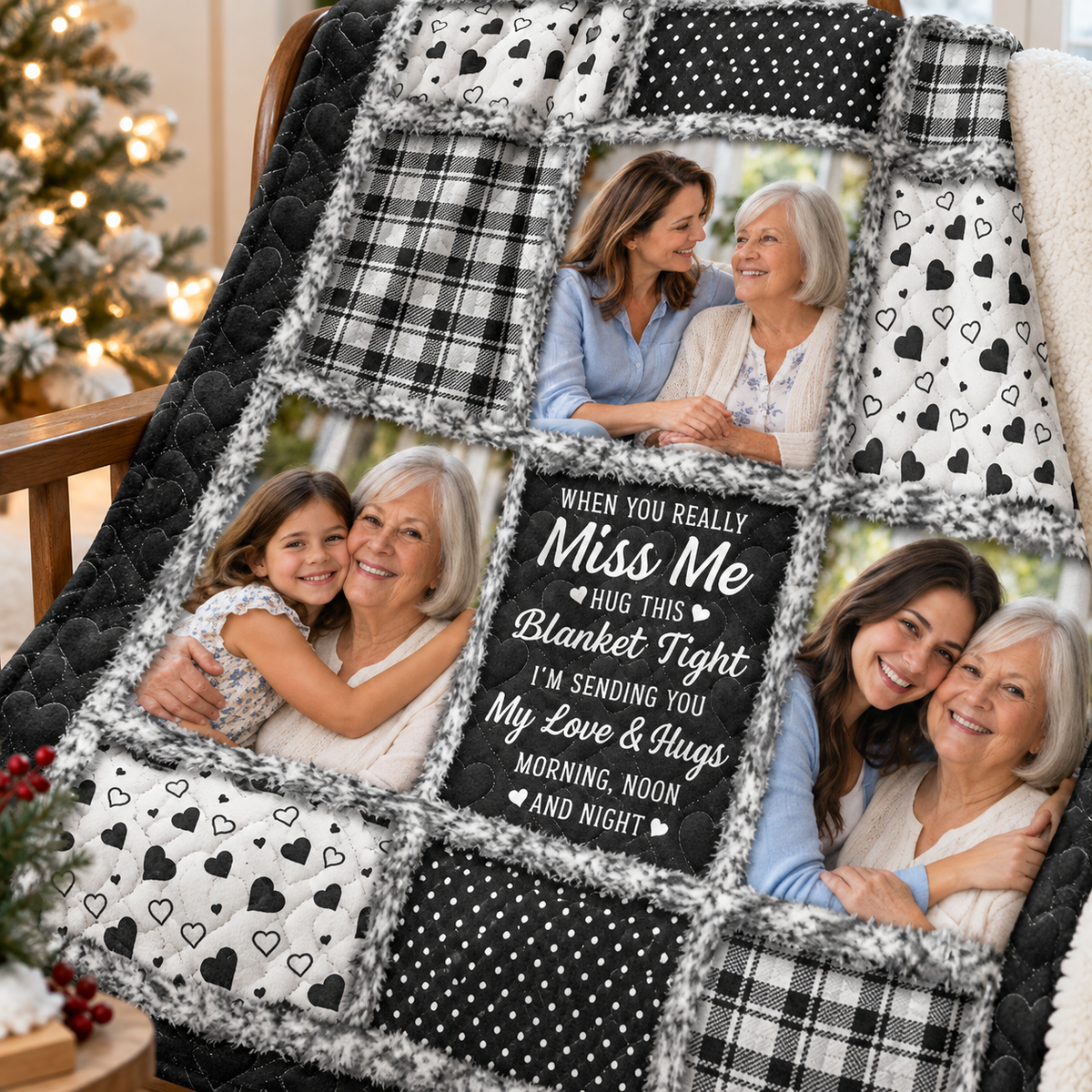 Close-up view of a comfort quilt for mom featuring black and white patchwork, photo panels, and sentimental text.