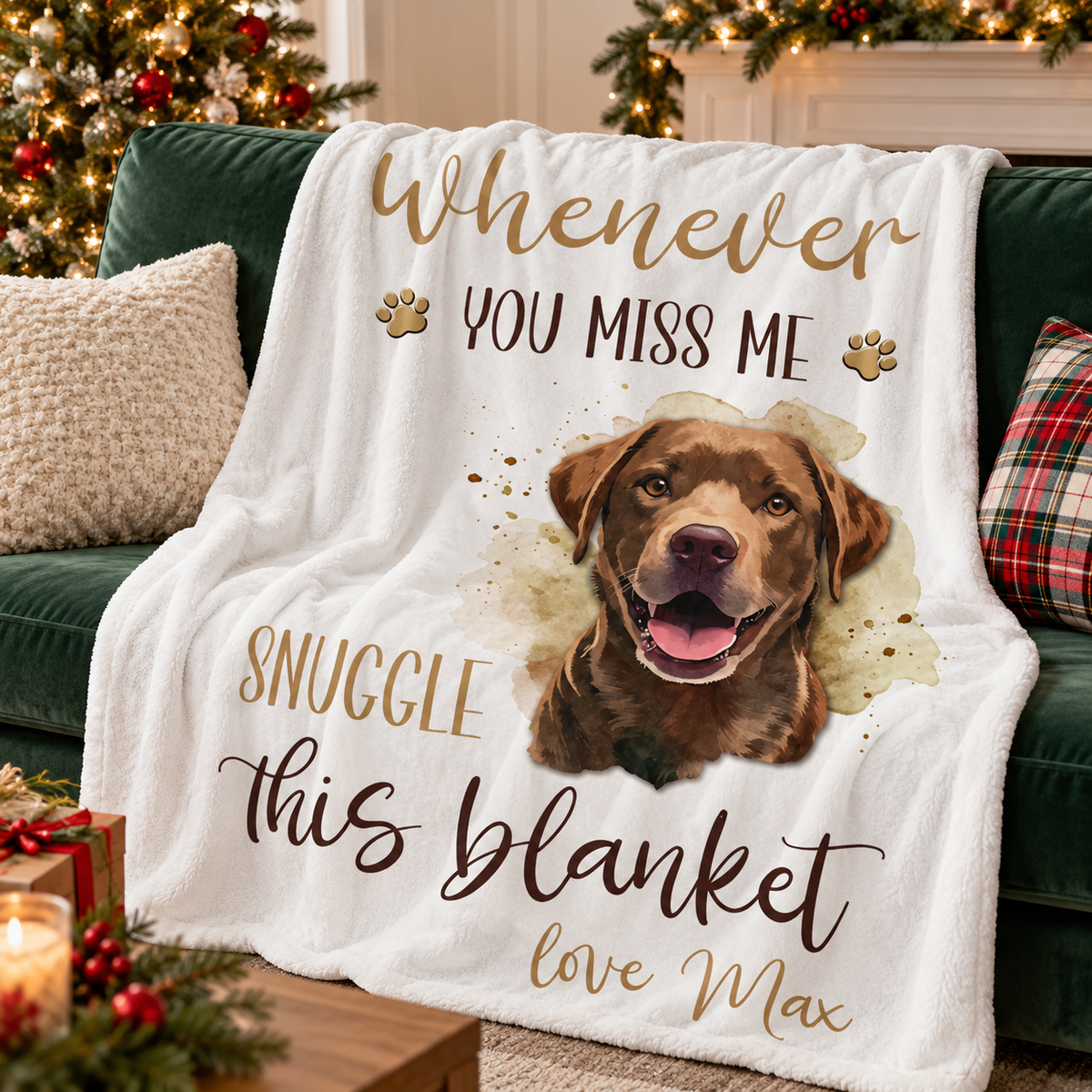 A custom dog name blanket displayed on a green sofa with decorative pillows and wrapped gifts nearby.