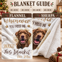 A blanket size and fabric guide comparing flannel and sherpa options for the custom pet loss sympathy gift.