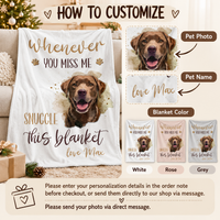 An informational graphic shows steps to customize the dog name blanket with pet photos, names, and color options.