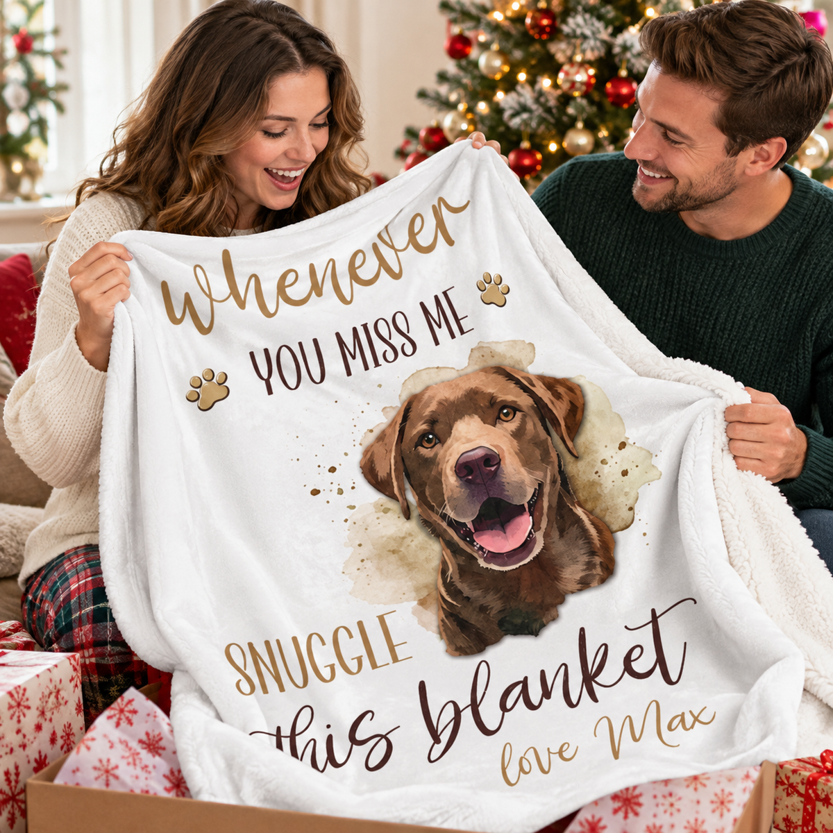 A smiling couple opening a box together and holding up a personalized pet loss sympathy blanket at Christmas.