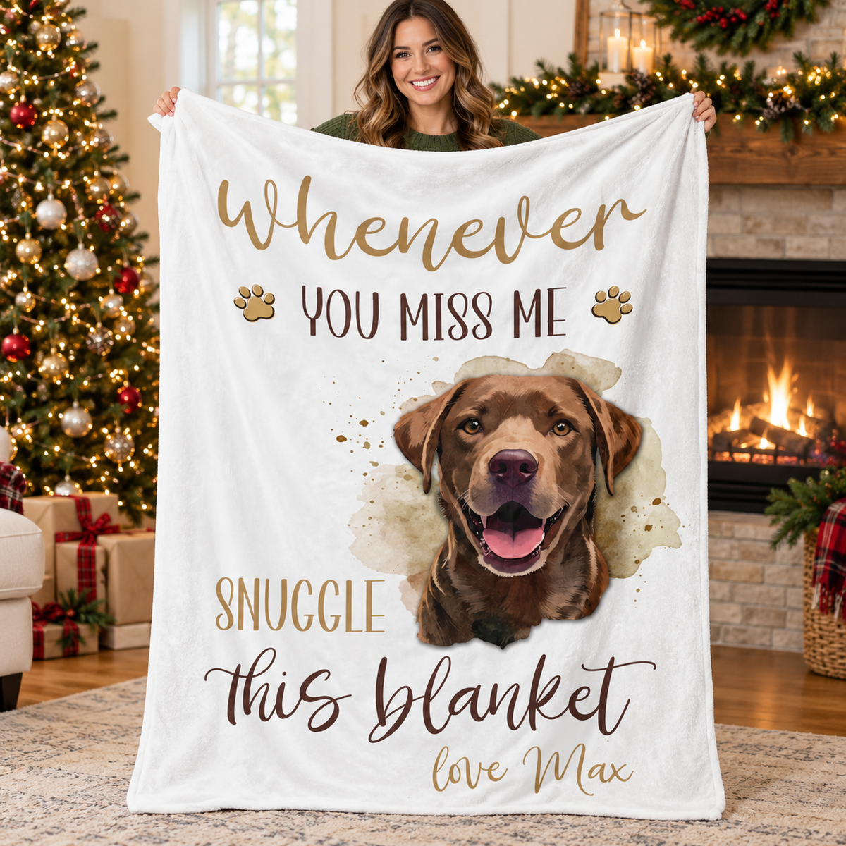 A smiling woman holds up a personalized white dog memorial blanket in front of a lit Christmas tree and fireplace.