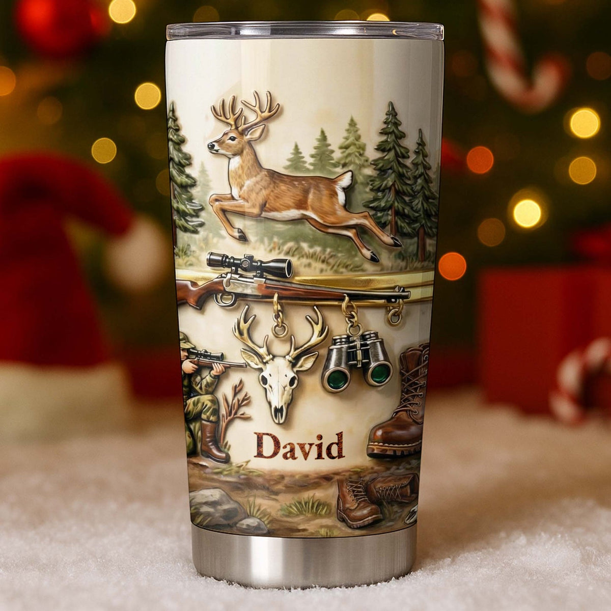 Customer in Austin, Texas wearing Whitetail Deer Hunting Camo Tumbler, Personalized Custom Name 20oz Stainless Steel Hunting Gift for 