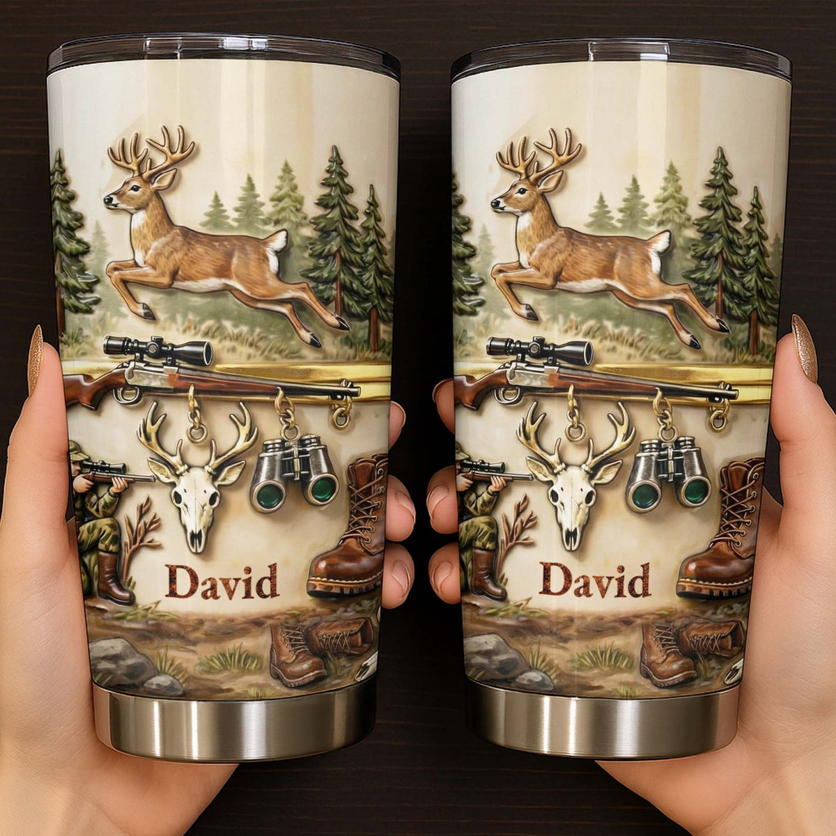 Close-up of Whitetail Deer Hunting Camo Tumbler, Personalized Custom Name 20oz Stainless Steel Hunting Gift for  for streetwear fans in Austin, Texas