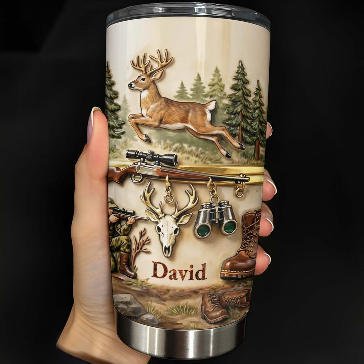 Customer in Austin, Texas wearing Whitetail Deer Hunting Camo Tumbler, Personalized Custom Name 20oz Stainless Steel Hunting Gift for 