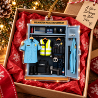 Wilmington Police Department acrylic cop locker ornament neatly packed inside open gift box with red tissue paper and gift