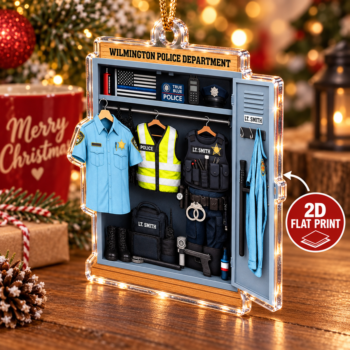 Wilmington Police Department acrylic ornament angled with 2d flat print graphic callout badge and festive Christmas