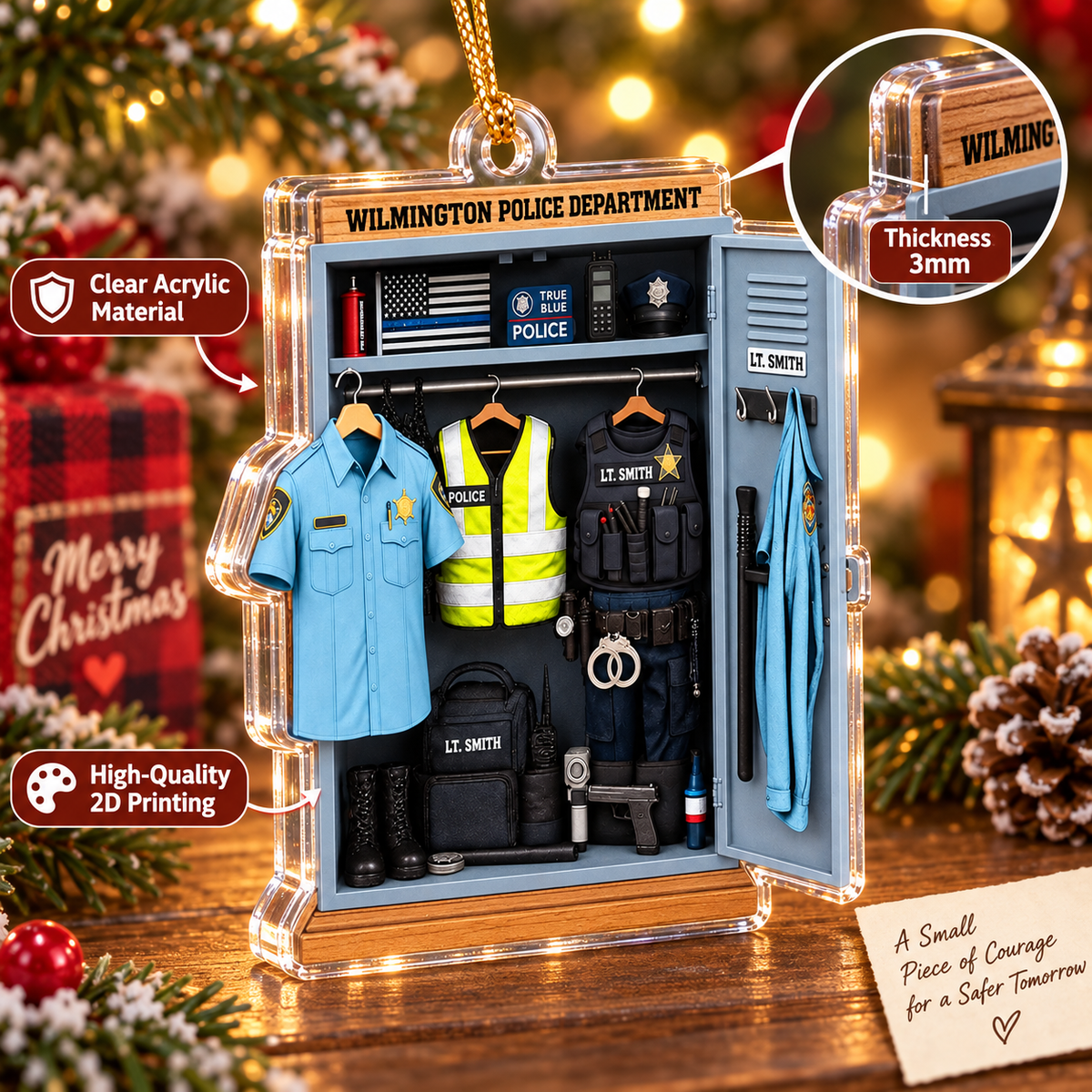 Close-up of Wilmington Police Department acrylic ornament highlighting 3mm thickness and clear edge material with holiday