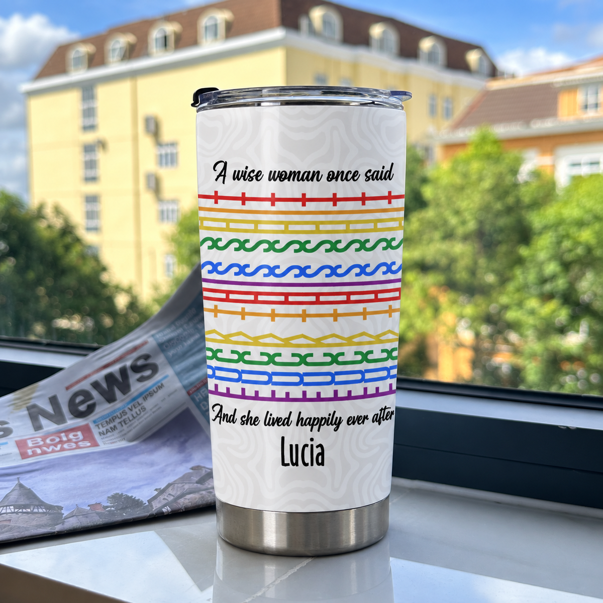 Wise Woman Once Said And She Lived Happily Ever After Stainless Steel Tumbler Gift for Women on a hanger, ready to ship from Austin, Texas
