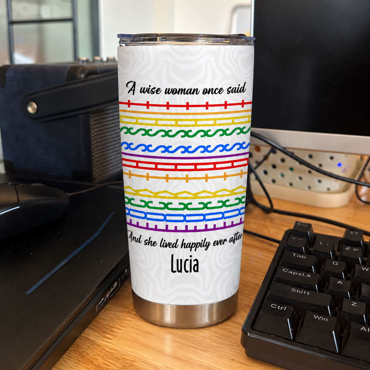 Customer in Austin, Texas wearing Wise Woman Once Said And She Lived Happily Ever After Stainless Steel Tumbler Gift for Women