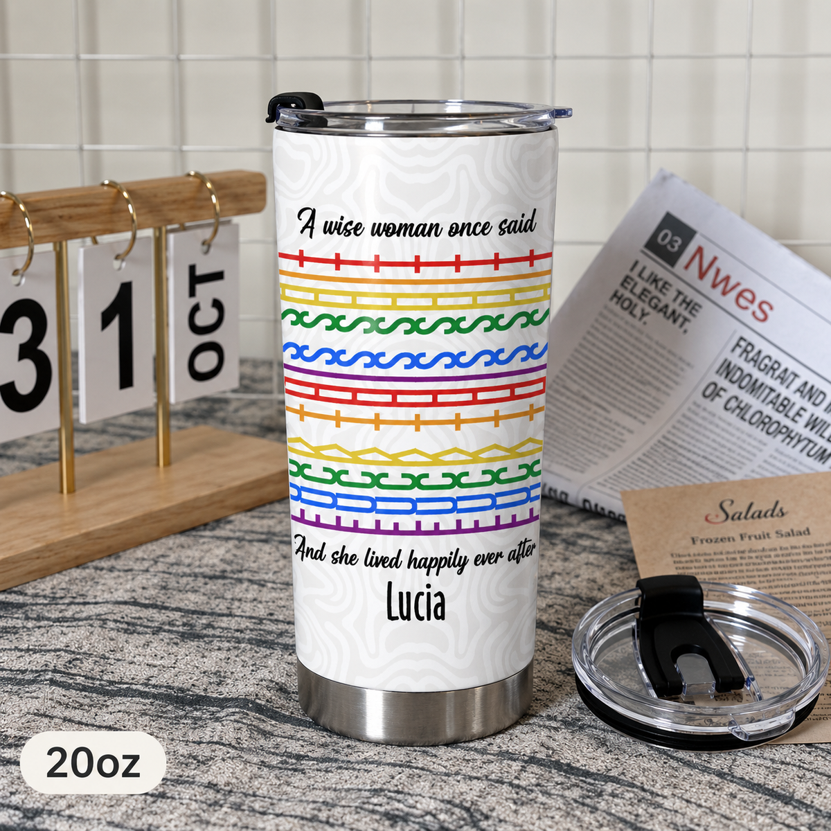 Close-up of Wise Woman Once Said And She Lived Happily Ever After Stainless Steel Tumbler Gift for Women for streetwear fans in Austin, Texas