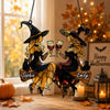 Witch Cat Stained Glass Suncatcher Toasting Wine Glasses Halloween Window Hanging Decor Best Friend Gift