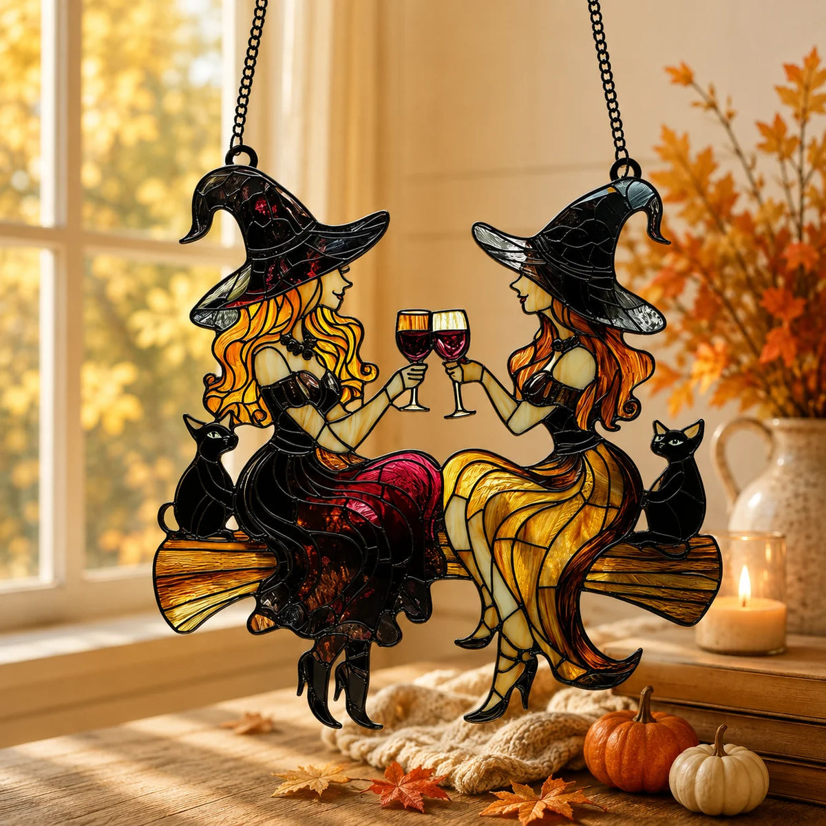 Witch Cat Stained Glass Suncatcher Toasting Wine Glasses Halloween Window Hanging Decor Best Friend Gift