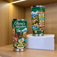 Personalized adventure mug displayed on a shelf with wooden backing, highlighting multi-country illustrations.