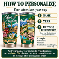 Bucket list traveler gift tumbler shown with a how-to-personalize instruction guide for names, years, and destinations.
