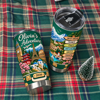 World Travel Landmarks Tumbler lying on a green plaid blanket beside a miniature holiday tree figurine.