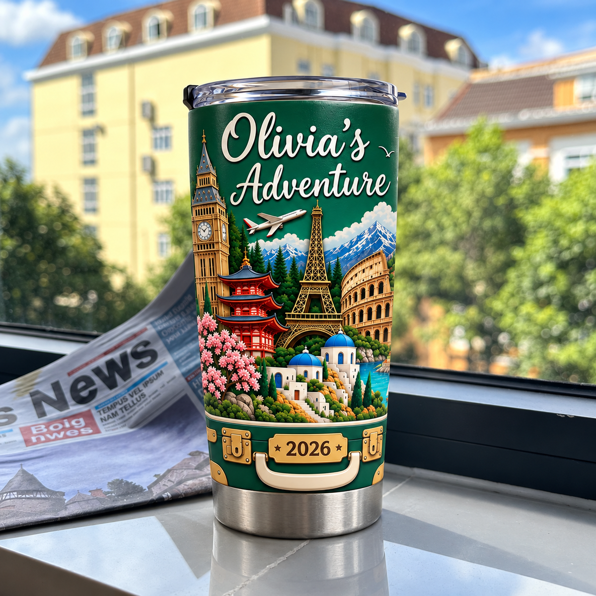 World Travel Landmarks Tumbler sitting on a window ledge with an urban building and leafy trees in the background.